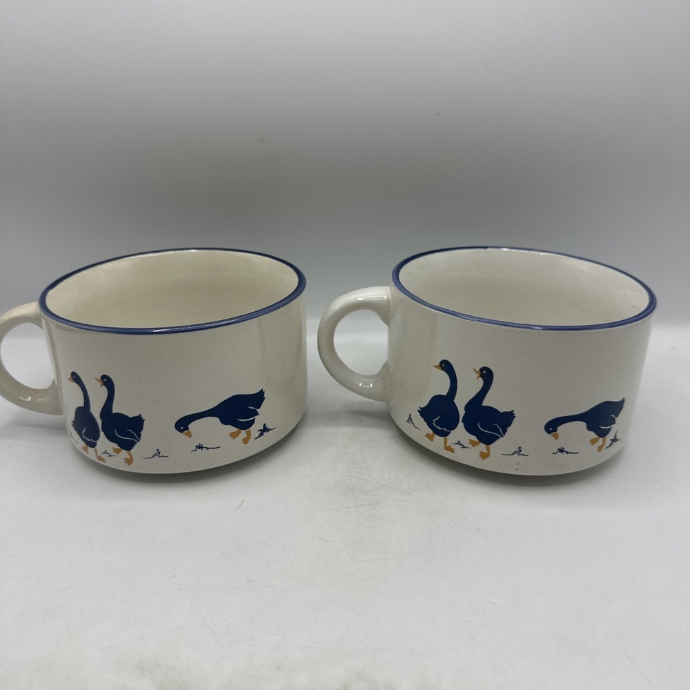 Goose Soup Mug Cup Blue White Country  Geese Large 14oz Set Of Two Vintage
